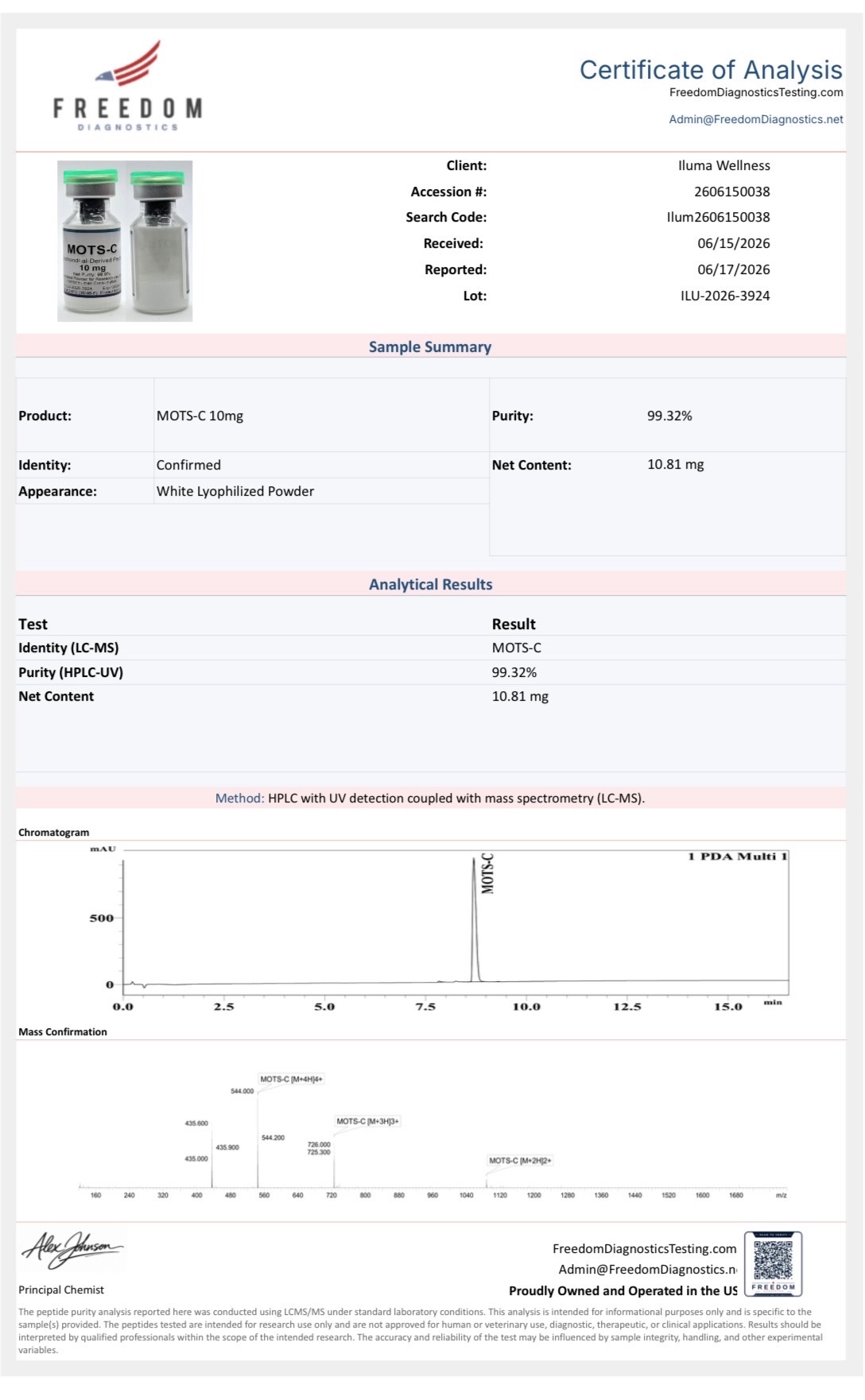 MOTS-c certificate of analysis showing 99.32% purity