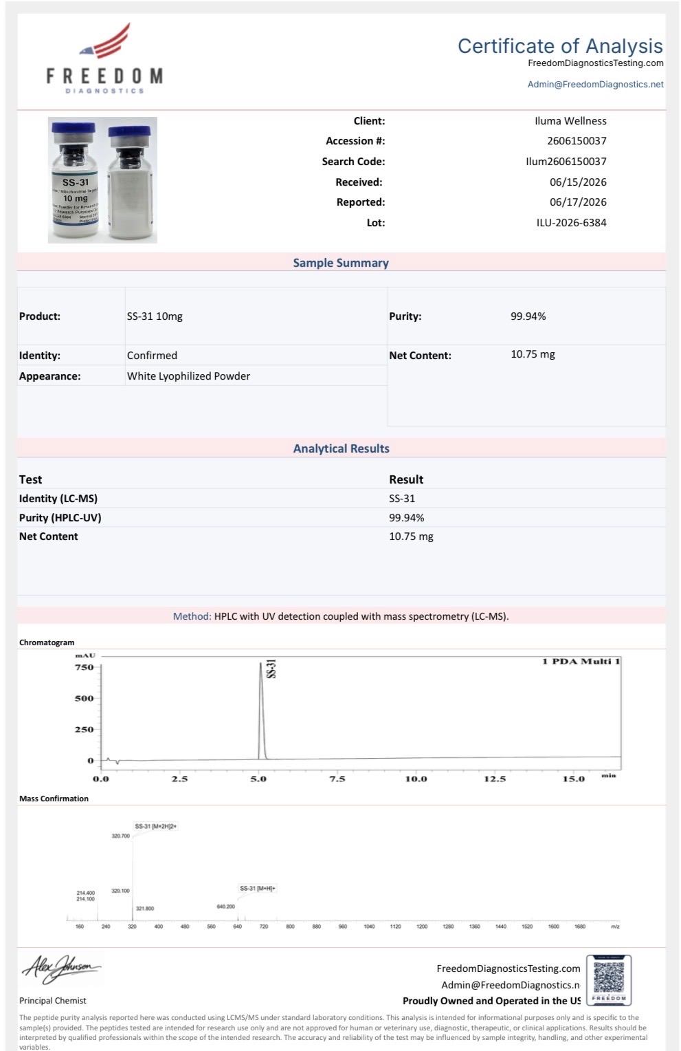 SS-31 certificate of analysis showing 99.94% purity